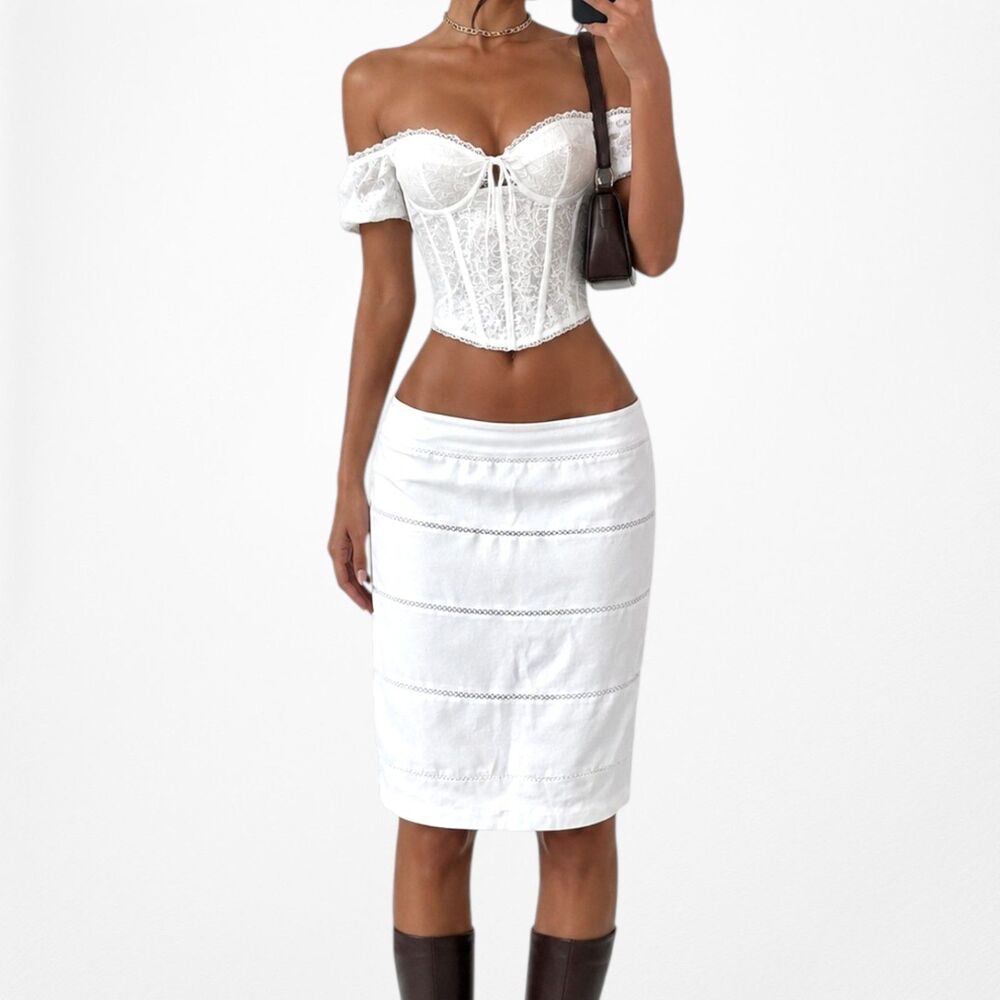 Vintage Y2K 90s White Straight Pencil Bodycon Knee Length Casual Skirt Size S/M